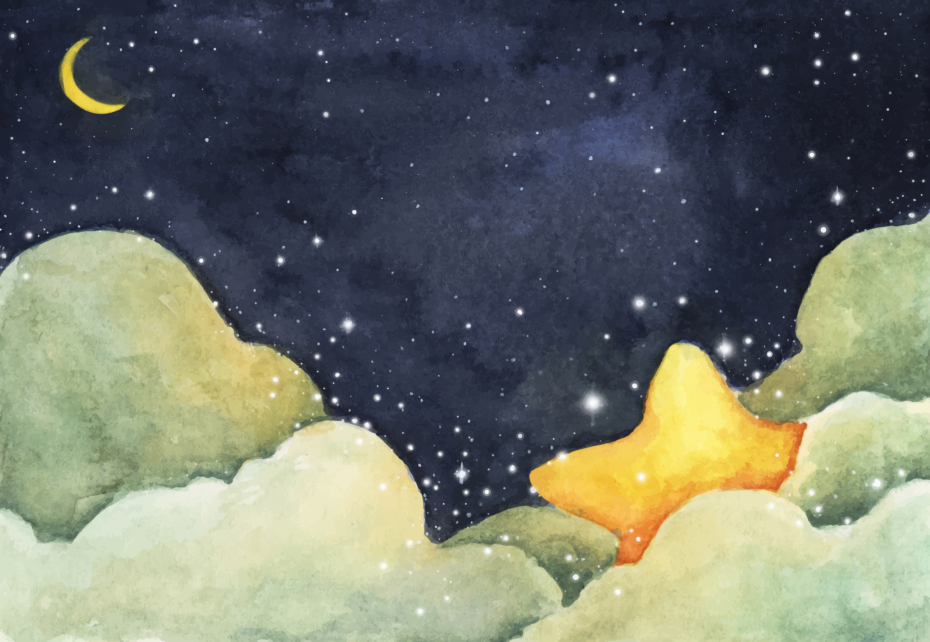 Watercolor Painting of Night Sky with Crescent Moon