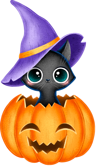 Cute Cat in Magic Hat and Pumpkin Illustration